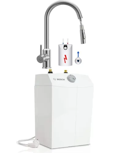 Niska cena Bojler 5 l bezciśnieniowy podumywalkowy Bosch Tronic Store Compact TR1500 TOR 5 T 7736505727 + Bateria kuchenna z wyciagana wylewką
