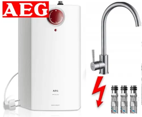 Oferta czasowa Bojler 5L AEG bezciśnieniowy podumywalkowy HUZ 5 Öko DropStop + Bateria kuchenna bezciśnieniowa trójdrożna do podgrzewaczy wody ,chrom