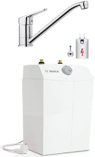 Hit cenowy Bosch Tronick bojler 5 l 39x25,8x22 cm bezciśnieniowy podumywalkowy + bateria umywalkowa chrom